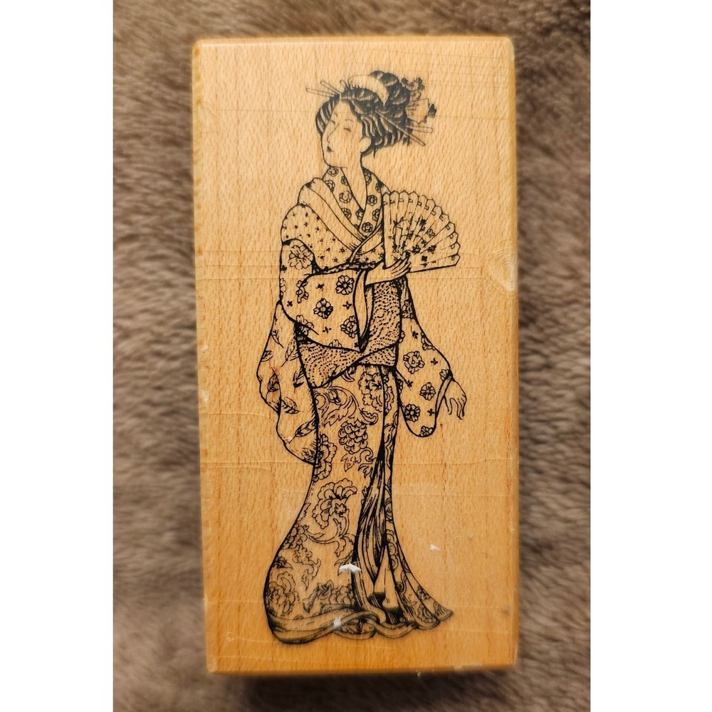 Vintage PSX Geisha & Rubber Stampede Chinese Dragon Wood Mounted Stamps Set of 2
